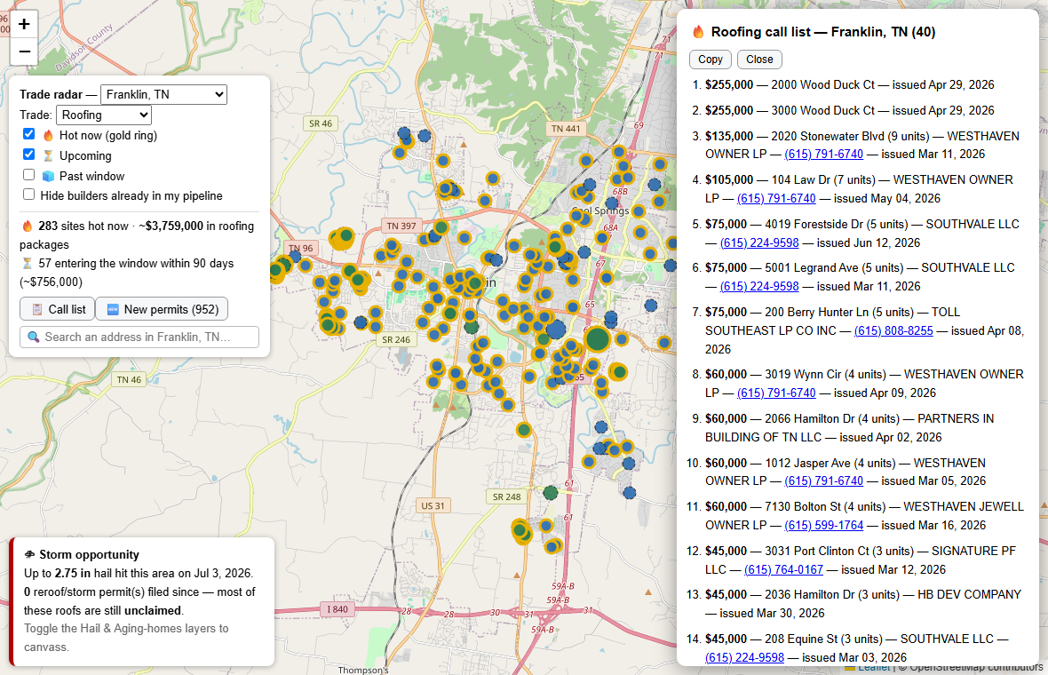 Radar Mountain call list showing real dollar-sized construction leads with builder names