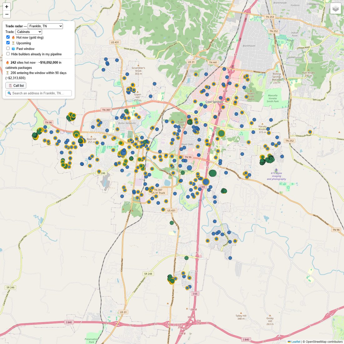 Radar Mountain trade map of Franklin, TN showing hot construction sites