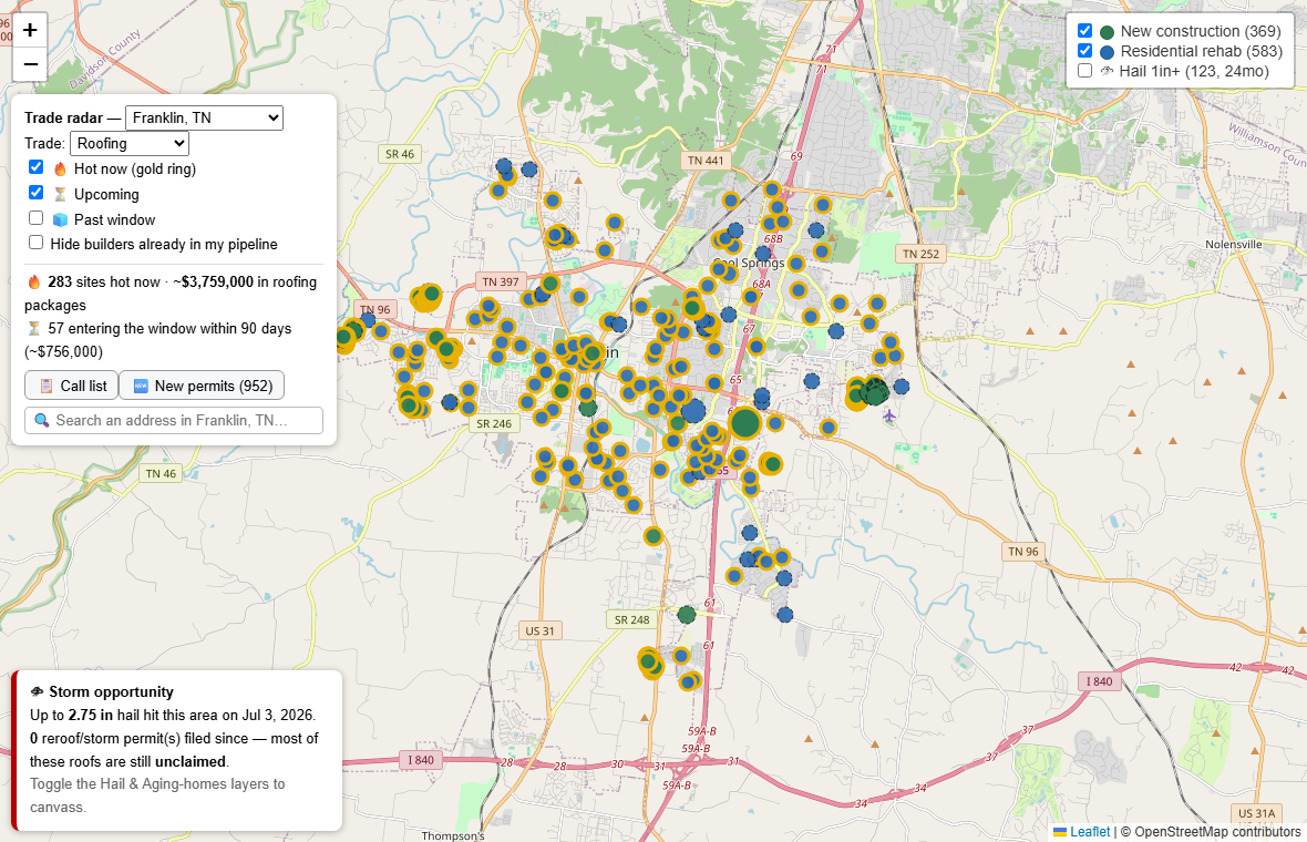 Radar Mountain trade map of Franklin, TN showing active construction sites