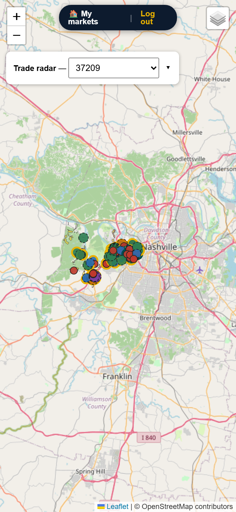 Radar Mountain mobile map with the filter panel collapsed to a slim bar, showing the full screen of live permit pins